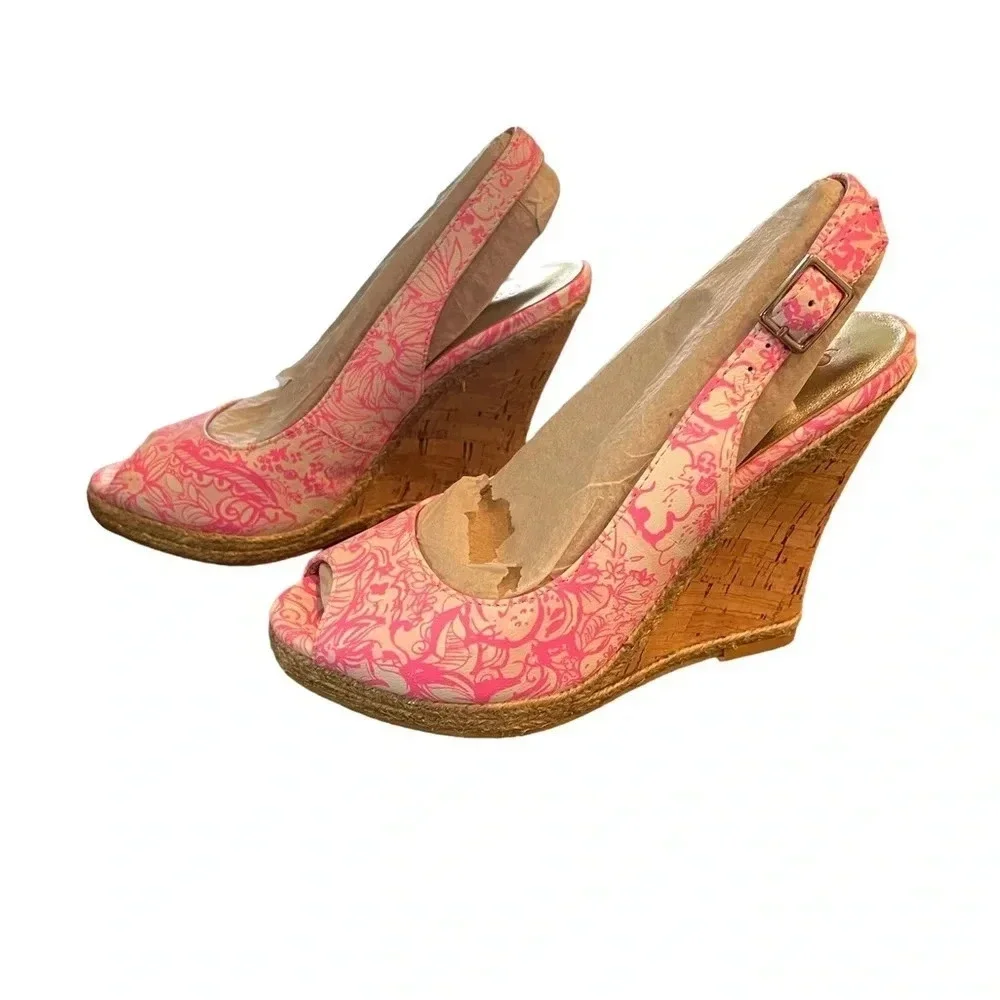 🎀 Lilly Pulitzer Krisie Pink Leather Cork Wedges 💕 Size 6 Barbiecore‎ 🎀